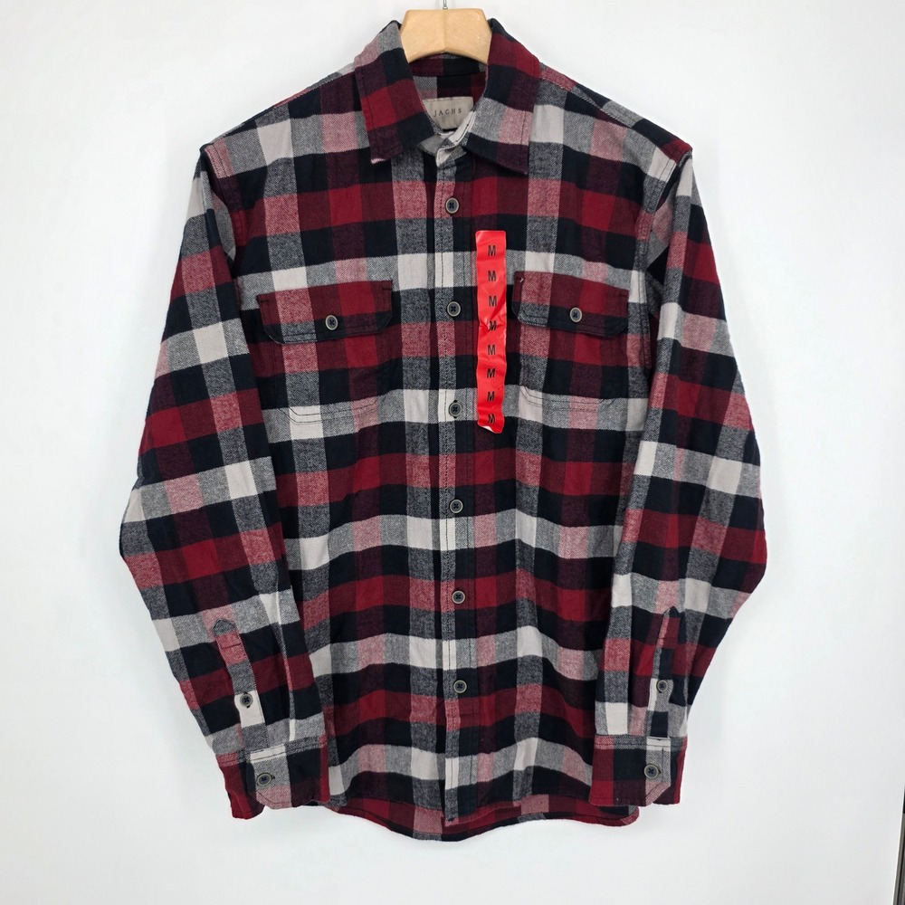Jachs Mens Red Black White Plaid Flannel Button Down Herringbone Shirt Size M